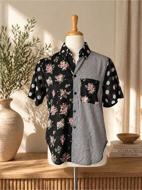 Vintage Mixed-Print Short Sleeve Blouse in Black with Pink Floral